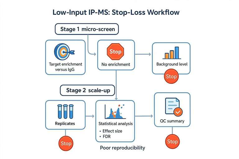 Low-input IP-MS workflow diagram for precious samples, showing micro-screen, negative controls, QC checkpoints, and scale-up decisions.