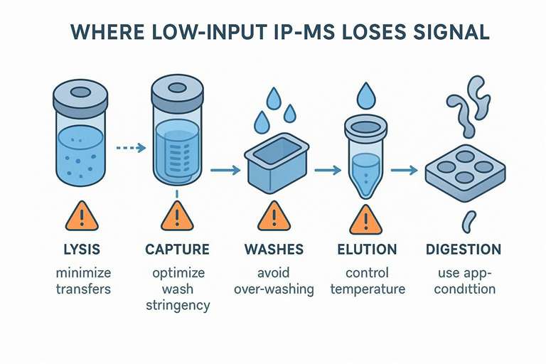 Sample loss map for low-input IP-MS showing where signal is lost and how to reduce loss during endogenous IP and MS prep.