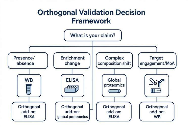 Orthogonal validation decision tree showing when to use IP followed by mass spectrometry vs Western blot, ELISA, or proteomics.