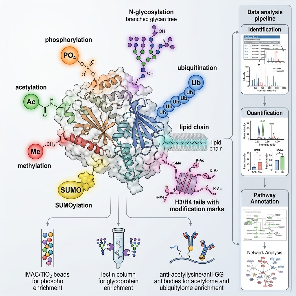 Scientific illustration of core PTM types analysis showing a protein with diverse major post-translational modifications — phosphorylation (orange), glycosylation (purple), acetylation (green), ubiquitination (blue), methylation (red), and SUMOylation (yellow) — with LC-MS/MS instrumentation and data analysis pipeline.