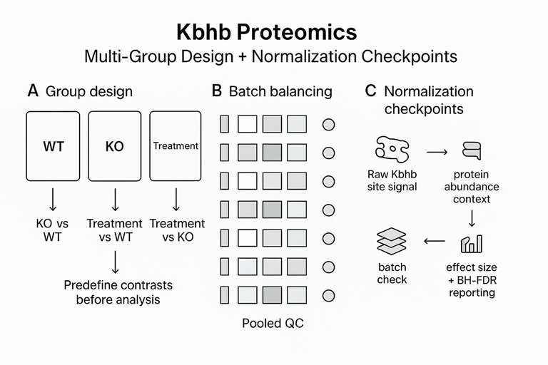 Multi-group Kbhb proteomics design showing contrasts (WT/KO/treatment), batch balancing, and normalization checkpoints.