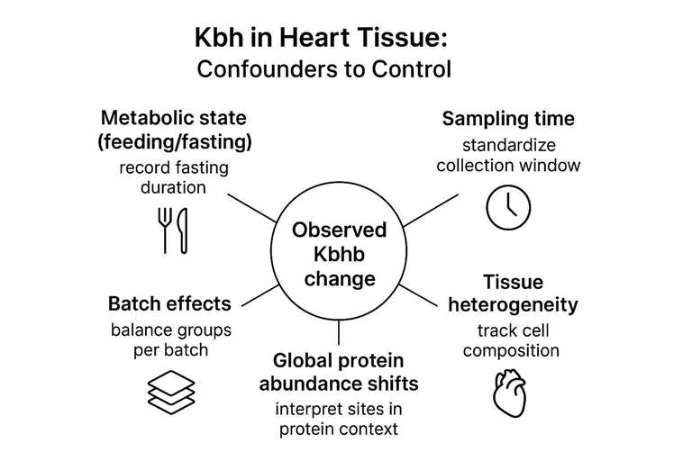 Common confounders in heart tissue Kbhb proteomics and how to control them in cohort-style designs.