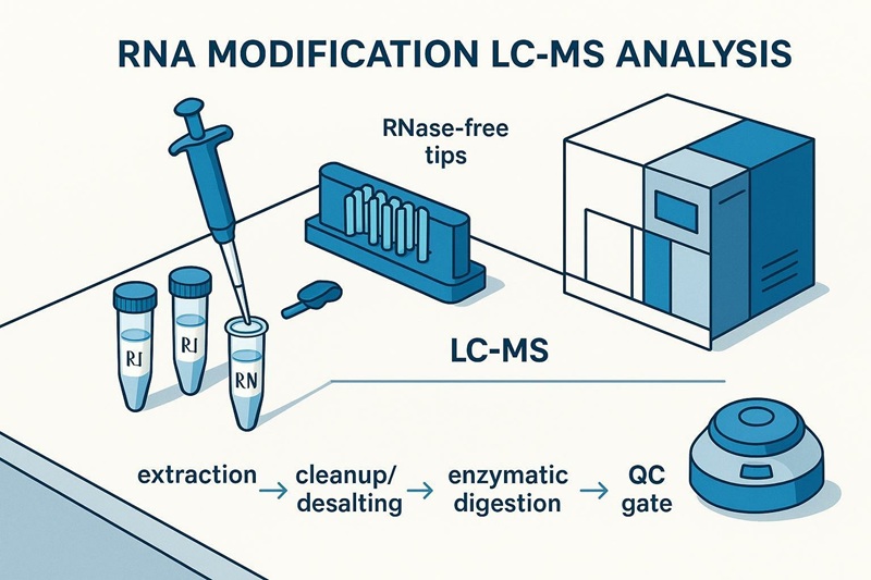 Cover image illustrating RNA Modification LC-MS sample preparation workflow from extraction to digestion and QC.