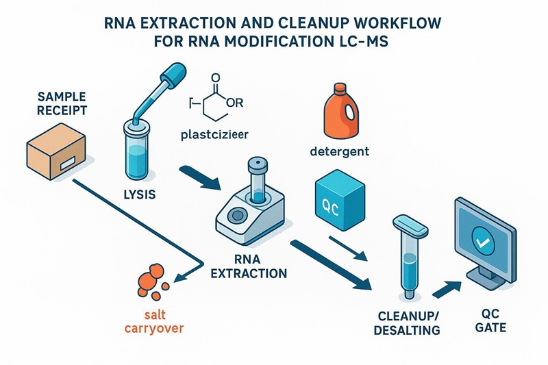 RNA modification LC-MS sample preparation workflow for extraction and desalting with contamination and matrix effect risk points.