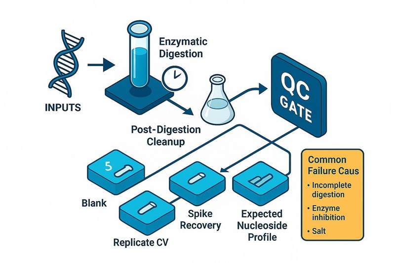 Enzymatic digestion to nucleosides QC gate for RNA modification LC-MS analysis including blank, spike recovery and replicate checks.