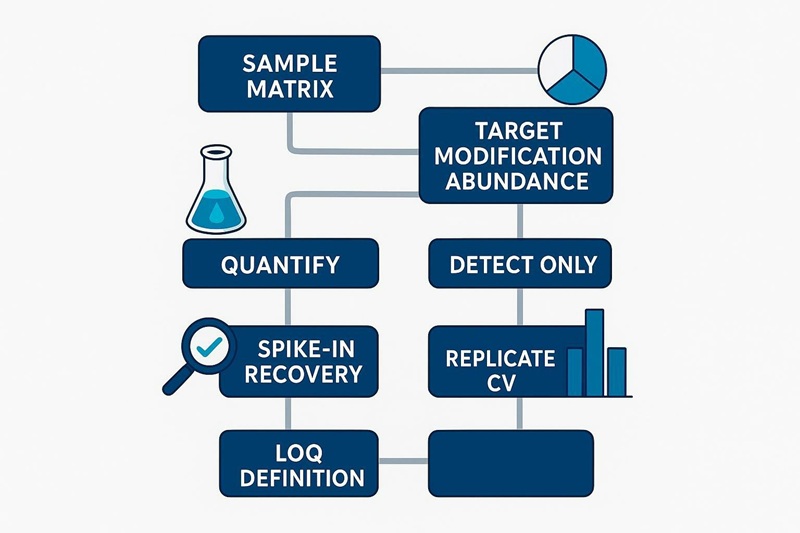 Decision tree for LOD LOQ planning in RNA Modification LC-MS Analysis including spike-in recovery and replicate precision checkpoints.