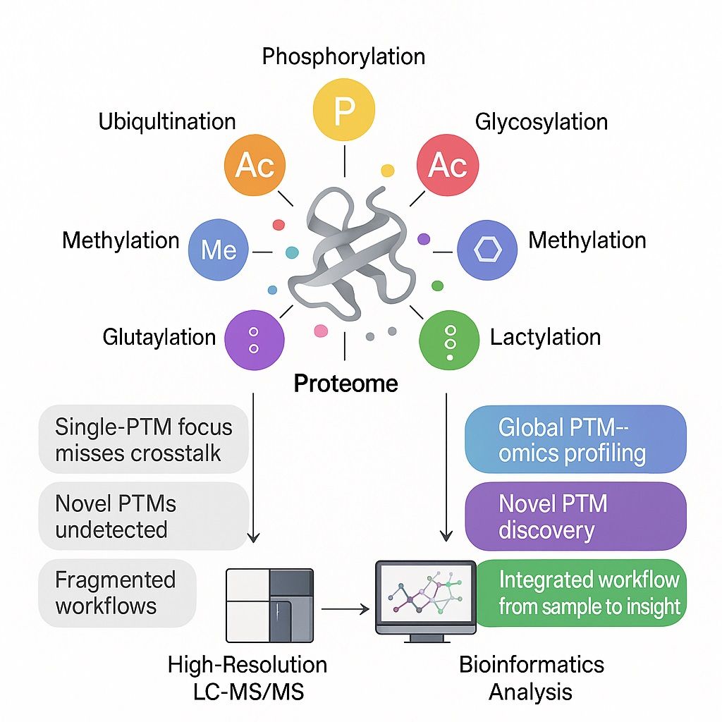 Pan PTM proteomics infographic showing proteome-wide post-translational modification profiling with phosphorylation, acetylation, ubiquitination, methylation, glycosylation, and multi-PTM analysis workflow