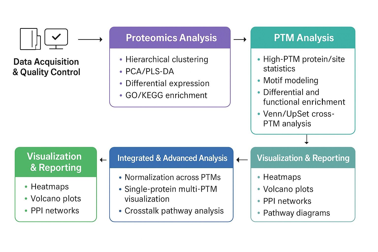 Pan PTM proteomics workflow infographic illustrating data acquisition, proteomics analysis, PTM analysis, integrated advanced analysis, and visualization reporting in Nature journal style