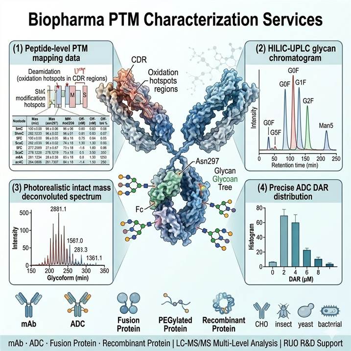 Scientific illustration of biopharmaceutical PTM characterization showing a monoclonal antibody structure with glycosylation sites highlighted, LC-MS/MS analytical workflow for intact mass, subunit, and peptide-level analysis, and PTM mapping data including glycan profiles, deamidation quantification, and DAR calculation for antibody-drug conjugates.
