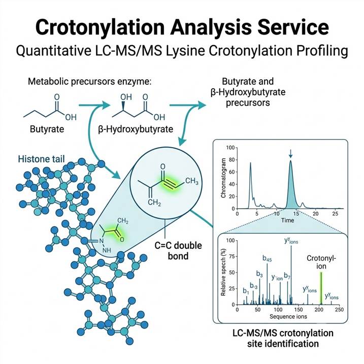 Lysine crotonylation on histone tail showing crotonyl group structure with metabolic precursor connections, leading to LC-MS/MS crotonylation profiling.