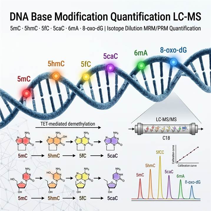 Scientific illustration of DNA base modification LC-MS quantification showing a DNA double helix with highlighted modified bases (5mC, 5hmC, 6mA, 8-oxo-dG), the TET-mediated demethylation pathway (5mC→5hmC→5fC→5caC), an LC-MS/MS chromatogram trace with resolved modification peaks, and a quantification readout with isotope dilution calibration curves.