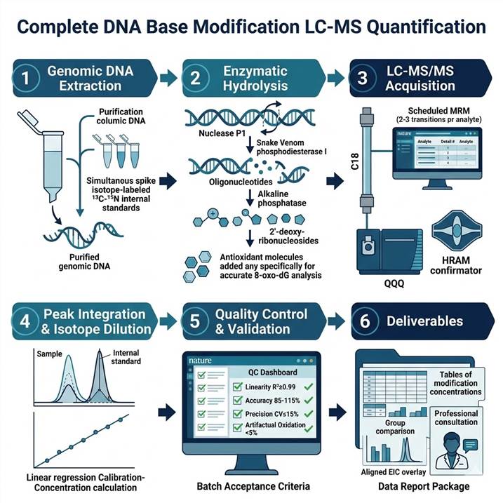 Six-step DNA base modification LC-MS quantification workflow diagram showing the complete pipeline from genomic DNA extraction and quality control through enzymatic hydrolysis to deoxyribonucleosides, LC-MS/MS data acquisition, peak integration and isotope dilution quantification, quality control and data validation, to final deliverables and biological interpretation.