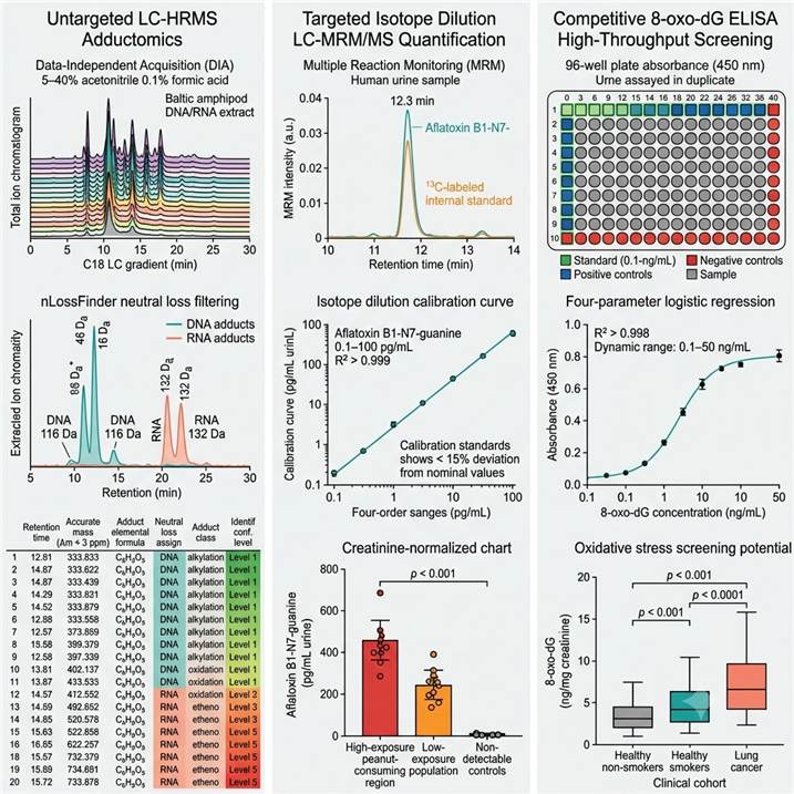 Representative DNA/RNA adductomics results panel: (Left) Untargeted LC-HRMS adductomics — stacked DIA ion chromatogram showing 50+ detected adduct features across a 30-minute LC gradient in Baltic amphipod DNA/RNA extract, with nLossFinder neutral loss filtering results panel showing DNA adducts (116 Da loss, teal peaks) and RNA adducts (132 Da loss, coral peaks) separated by the diagnostic neutral loss mass difference, and a summary table listing the top 20 putative adducts with retention time, accurate mass (Δm < 3 ppm), adduct formula, neutral loss assignment (DNA/RNA), and identification confidence level. (Center) Targeted isotope dilution LC-MRM/MS quantification — overlaid MRM chromatograms for aflatoxin B1-N7-guanine (target, teal) and its 13C-labeled internal standard (orange) in a human urine sample, with calibration curve (R² > 0.999, 0.1–100 pg/mL), and a bar chart comparing aflatoxin B1-N7-guanine concentrations across exposed (high, peanut-consuming region) and control populations with individual data points and statistical significance (p < 0.001). (Right) 8-oxo-dg ELISA high-throughput screening — 96-well plate color-coded absorbance heat map showing 80 human urine samples in duplicate with standards and controls, a four-parameter logistic standard curve (0.1–50 ng/mL, R² > 0.998), and a box plot comparing 8-oxo-dG levels (ng/mg creatinine) across healthy, disease, and intervention groups with pairwise statistical comparisons. All panels use Nature journal standard fonts and color palettes, publication-ready resolution (300+ DPI equivalent), no cartoon elements, generous whitespace between panels.