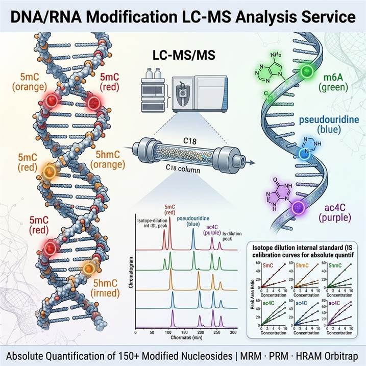 Scientific illustration of DNA/RNA modification LC-MS analysis showing a double helix DNA and RNA strand with highlighted modified nucleosides (methylation, hydroxymethylation, m6A, pseudouridine), LC-MS/MS chromatogram traces showing resolved modification peaks, and a quantification table with isotope dilution internal standard calibration.