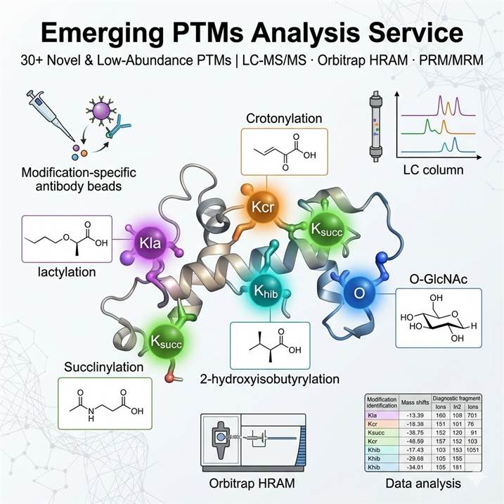 Scientific illustration of emerging PTMs analysis showing a protein with diverse novel post-translational modifications highlighted as colored molecular markers — including lactylation (Kla), crotonylation (Kcr), succinylation (Ksucc), 2-hydroxyisobutyrylation (Khib), and O-GlcNAc — with LC-MS/MS chromatogram traces showing resolved modified peptide peaks and a comprehensive modification identification table.