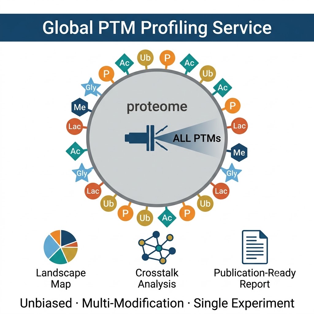 Global PTM profiling service — unbiased proteome-wide post-translational modification discovery across all modification types simultaneously by LC-MS/MS, open search and multi-PTM enrichment