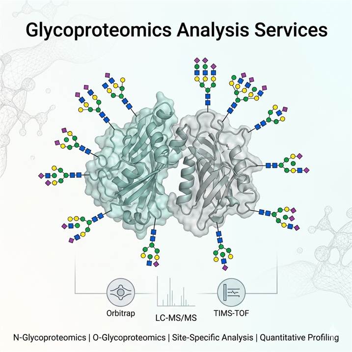 Scientific illustration of comprehensive glycoproteomics analysis concept showing a protein with multiple N- and O-glycosylation sites, each displaying distinct glycan structures (high-mannose, complex, hybrid, sialylated), with mass spectrometry fragmentation schematics and bioinformatics annotation indicating glycopeptide identification workflow.