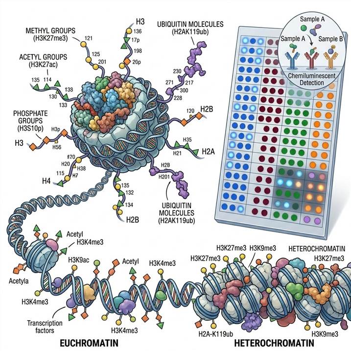 Scientific illustration of histone modification antibody array concept showing a nucleosome with histone tails decorated with various PTM marks (methylation, acetylation, phosphorylation), multiplexed antibody array membrane with captured histone proteins, and chemiluminescent detection revealing differential histone mark patterns across control and drug-treated conditions for epigenetic research.