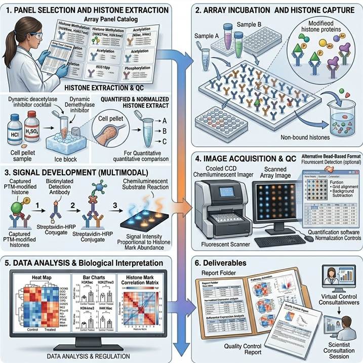Six-panel workflow diagram showing the Histone Modification Antibody Array pipeline from panel selection and histone acid extraction through array incubation and histone capture, detection and signal development, image acquisition and data extraction, data analysis and biological interpretation, and final reporting with heat maps and histone mark correlation matrices.