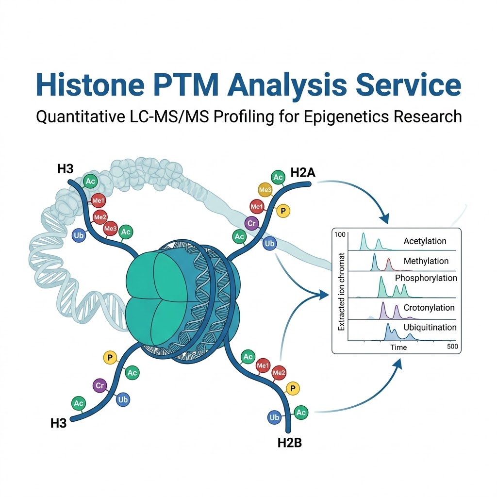 Nucleosome structure with histone tails showing acetylation, methylation, and phosphorylation marks leading to an LC-MS/MS mass spectrometer and quantitative PTM data readout.