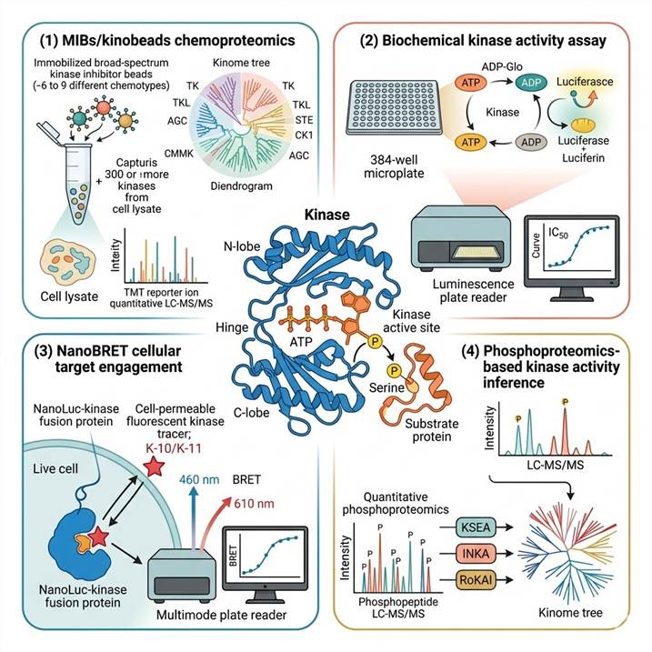 Kinase activity profiling platforms: MIBs chemoproteomic kinome profiling, biochemical ADP-Glo kinase assays, NanoBRET cellular target engagement, and phosphoproteomics-based kinase activity inference