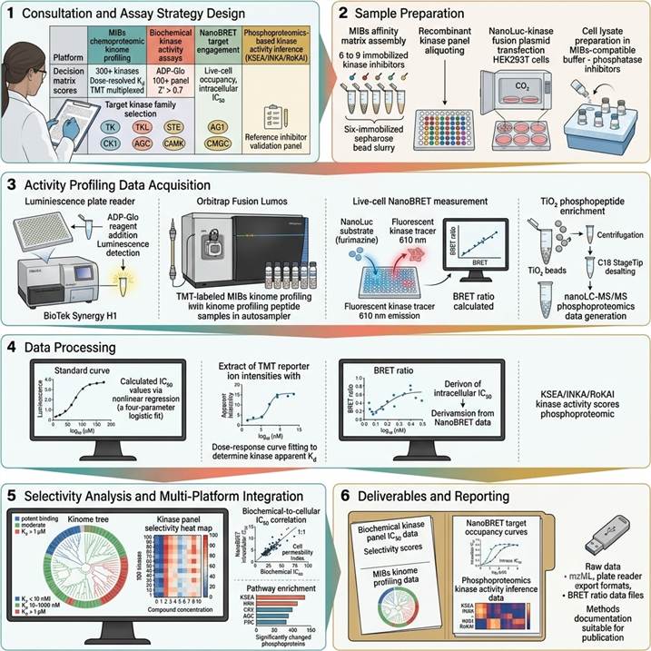 Six-step kinase activity profiling workflow: assay design, sample preparation, data acquisition, processing, selectivity analysis, and reporting