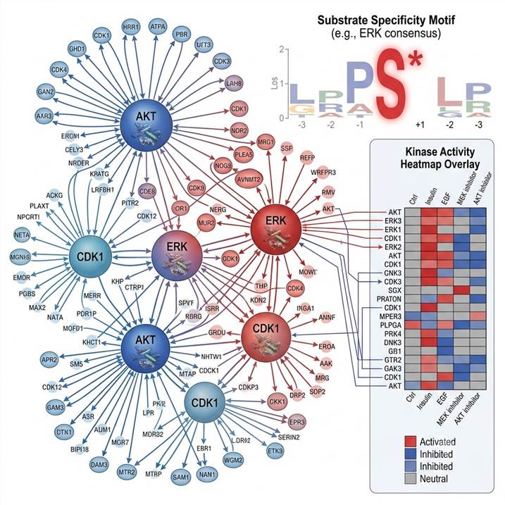 Scientific illustration of kinase-substrate network analysis concept showing a complex network graph of kinases (hub nodes) connected to their phosphorylation substrate targets, with activity heatmap overlay indicating kinase activation states across experimental conditions.