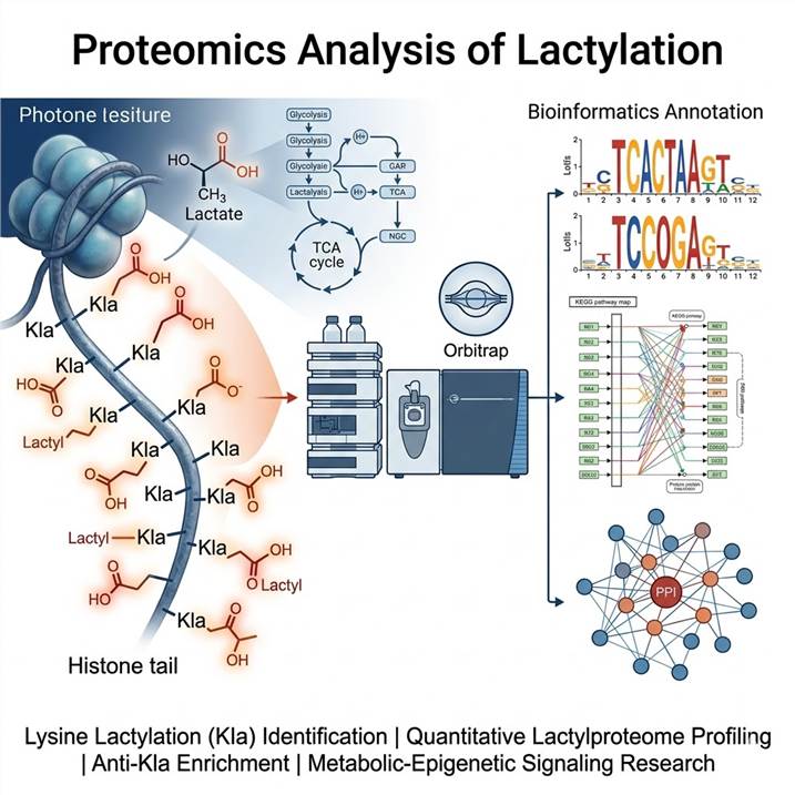 Scientific illustration of lactylation analysis concept showing a histone tail with lactate-derived lactyl groups attached to lysine residues, LC-MS/MS fragmentation schematics indicating Kla site identification, and bioinformatics annotation linking lactylation to metabolic pathways and gene regulation.
