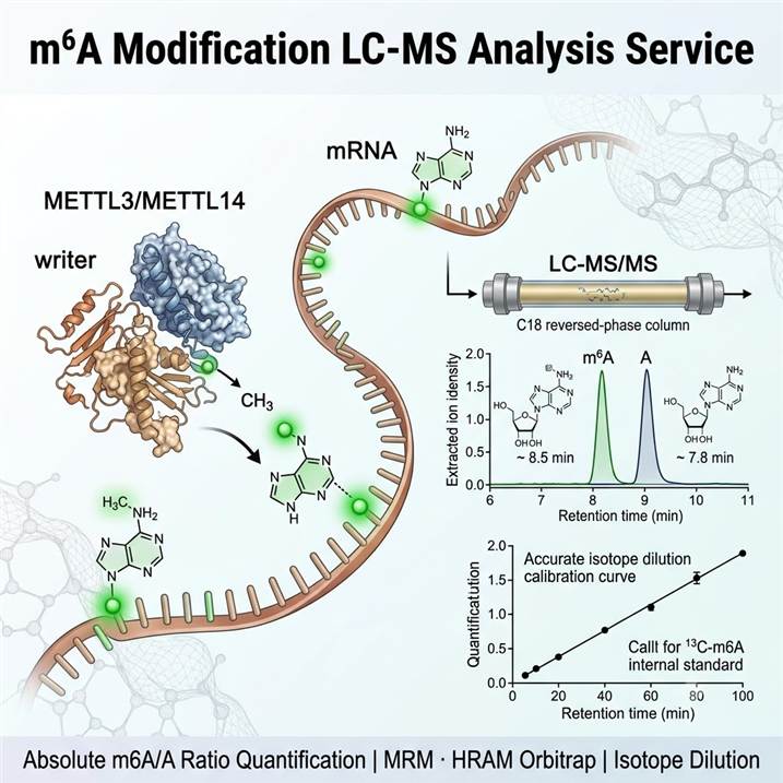 Scientific illustration of m6A modification LC-MS analysis showing an mRNA strand with highlighted m6A (N6-methyladenosine) markers, the METTL3/METTL14 writer complex, an LC-MS/MS chromatogram trace showing resolved m6A and A peaks, and an m6A/A ratio quantification readout with isotope dilution calibration curve.
