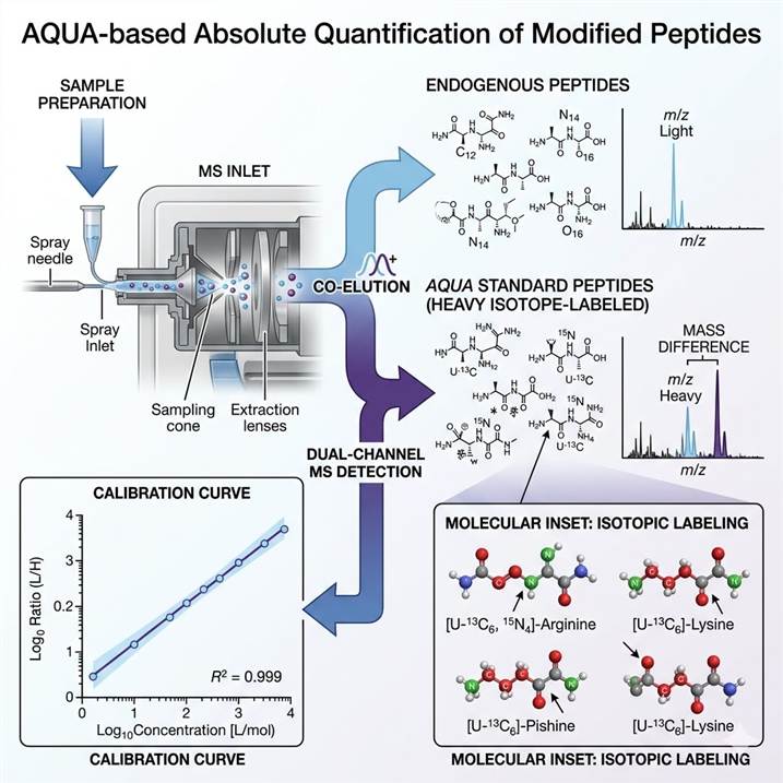 Scientific illustration of AQUA-based absolute quantification workflow showing heavy isotope-labeled internal standard peptides spiked into a sample for precise modified peptide quantification by PRM mass spectrometry.