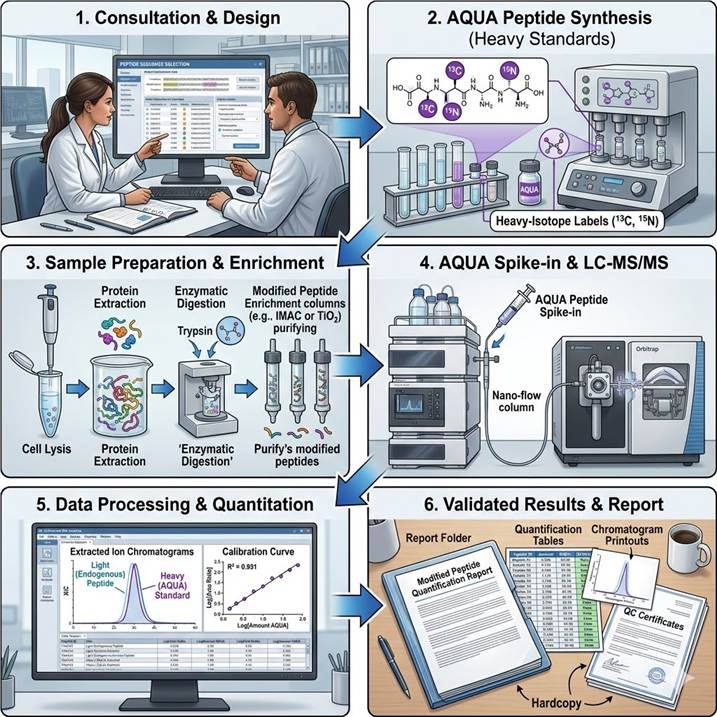 Six-step workflow diagram showing the Modified Peptide Absolute Quantification pipeline from consultation and AQUA peptide design through synthesis, sample preparation, LC-MS/MS acquisition, data processing, and final data review deliverables.