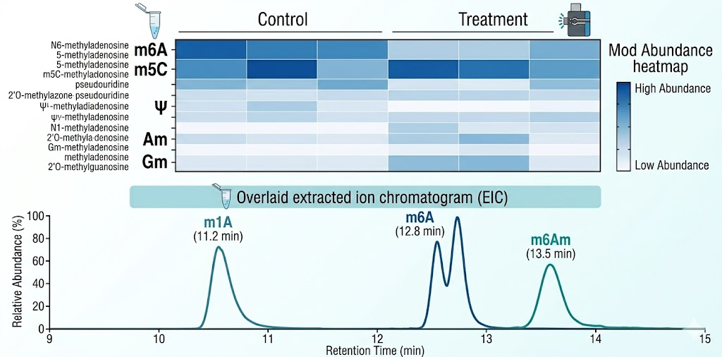 mRNA modification heatmap with isomer chromatogram overlay