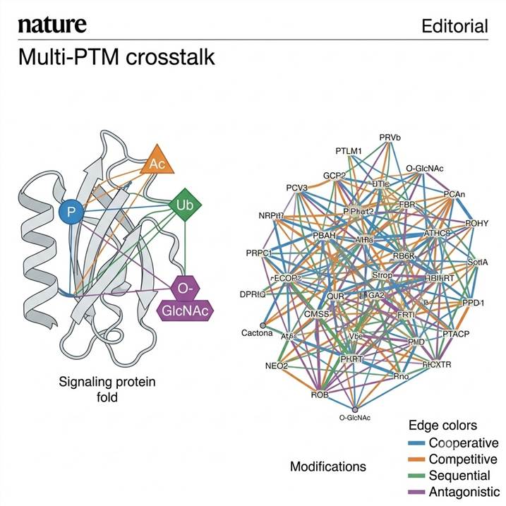 Protein molecule displaying multiple PTM types phosphorylation, acetylation, ubiquitination and O-GlcNAc connected by colored interaction lines flowing into a downstream crosstalk network diagram with correlation edge thickness