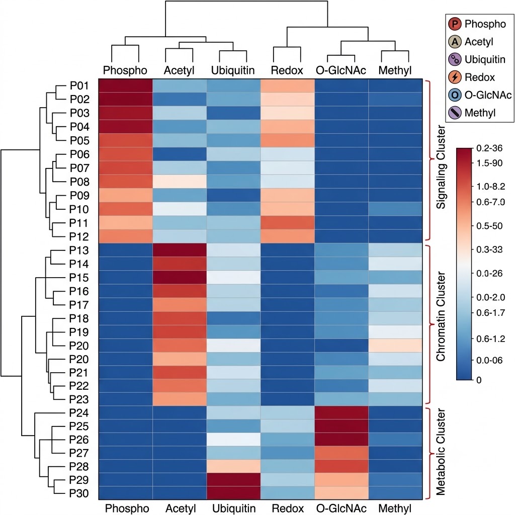 PTM co-occurrence heatmap with hierarchical clustering: rows are proteins, columns are PTM types phosphorylation acetylation ubiquitination redox, color intensity represents co-modification strength, dendrograms on both axes, key crosstalk hotspots annotated with brackets