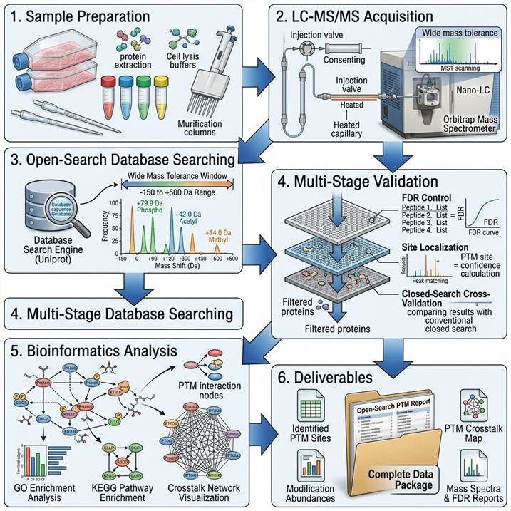 Six-step workflow diagram showing the Open-Search PTM Discovery pipeline from sample preparation through LC-MS/MS acquisition, database searching, validation, bioinformatics analysis, and final deliverables.