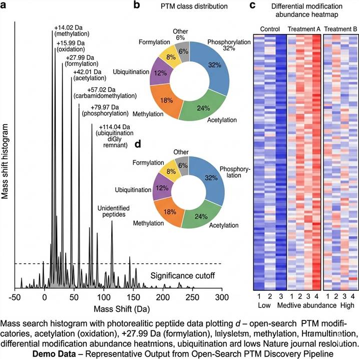 Figure 4 from Mun et al. 2024: Identification of PTMs in single cells via open-search FragPipe workflow — mass shift identification, modification class distribution, and site localization.