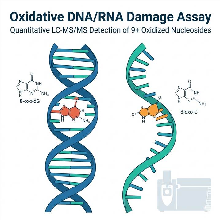 Oxidized DNA double helix and RNA strand showing 8-oxo-dG and 8-oxo-G lesions, with LC-MS/MS mass spectrometer and chemical structure diagrams.