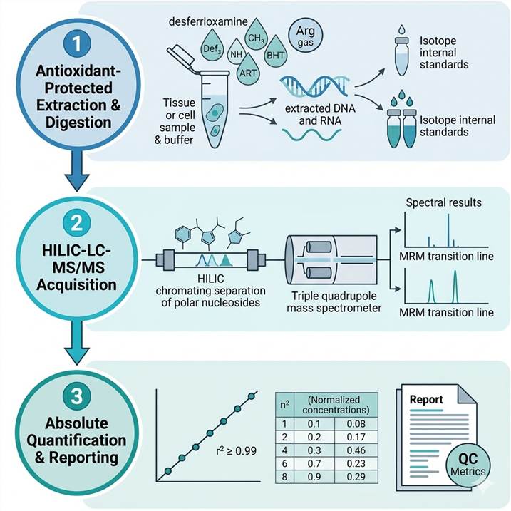 Vertical 3-step workflow diagram showing antioxidant-protected extraction, HILIC-LC-MS/MS acquisition with isotope internal standards, and absolute quantification with QC reporting.