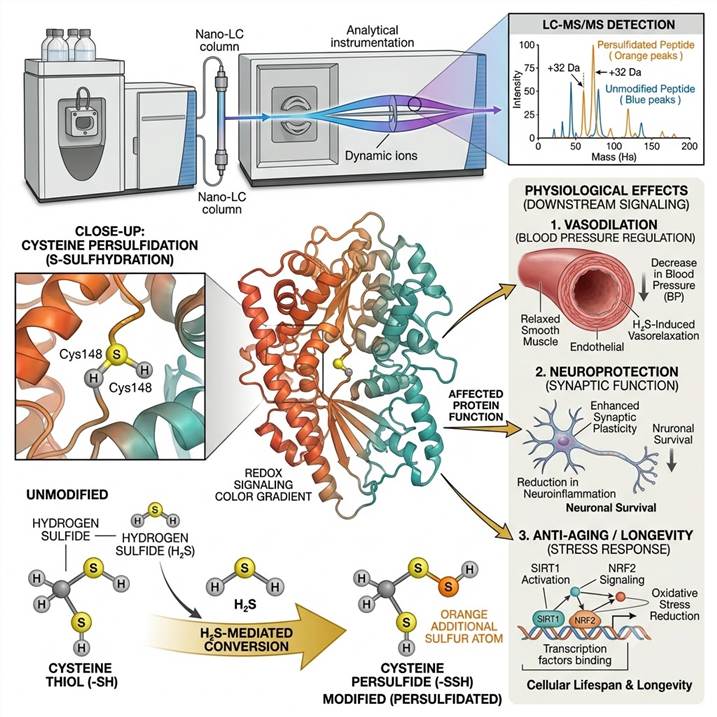Scientific illustration of protein persulfidation (S-sulfhydration) concept showing hydrogen sulfide (H2S) molecules interacting with cysteine thiol groups (-SH) on a protein structure, converting them to persulfide groups (-SSH), with the redox signaling cascade and downstream cellular effects including vasodilation, neuroprotection, and anti-aging pathways illustrated in the background.
