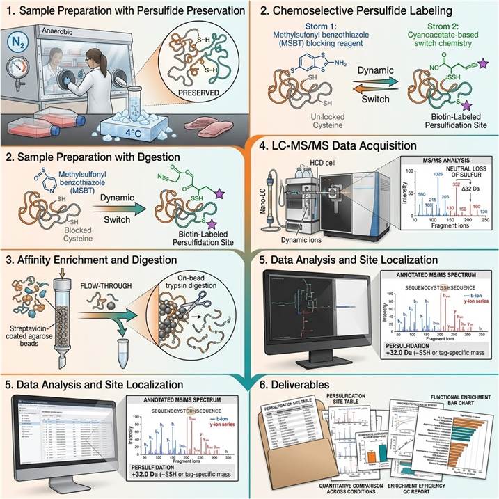 Six-step workflow diagram showing the Persulfidation Analysis pipeline from sample preparation with persulfide preservation through chemoselective labeling, affinity enrichment, LC-MS/MS acquisition, data analysis and site localization, and final publication-ready deliverables.