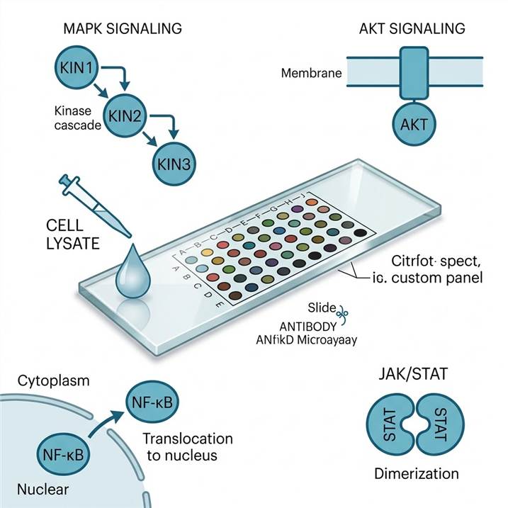 Scientific illustration showing a glass slide antibody microarray with colored capture antibody spots and pathway icons representing MAPK, AKT, JAK/STAT, and NF-κB signaling cascades being detected from a single cell lysate sample.