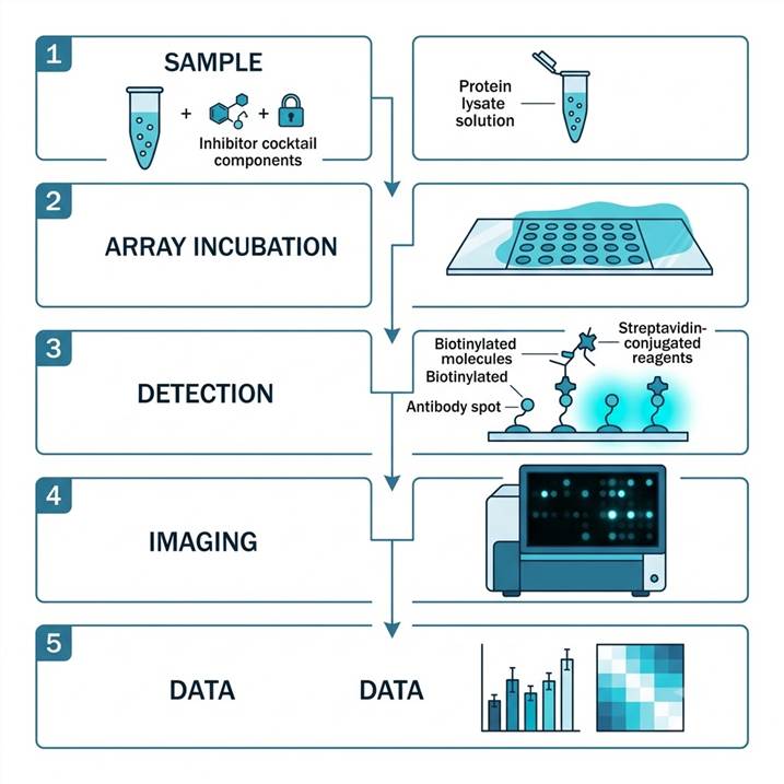Vertical workflow infographic showing five steps of phospho-signaling antibody array analysis: sample preparation, array incubation, detection, imaging, and data reporting.