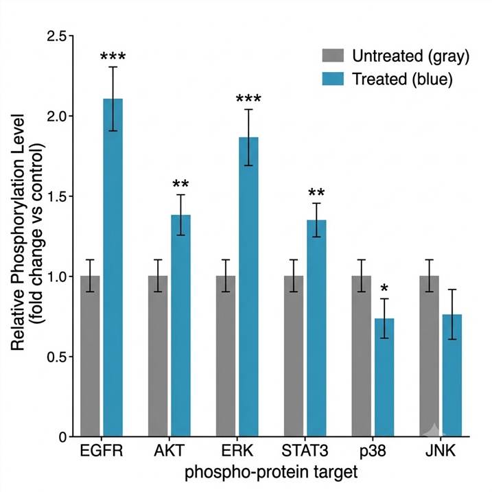 Example data visualization showing a bar chart comparing phosphorylation levels of RTK targets across treated and untreated cell samples.