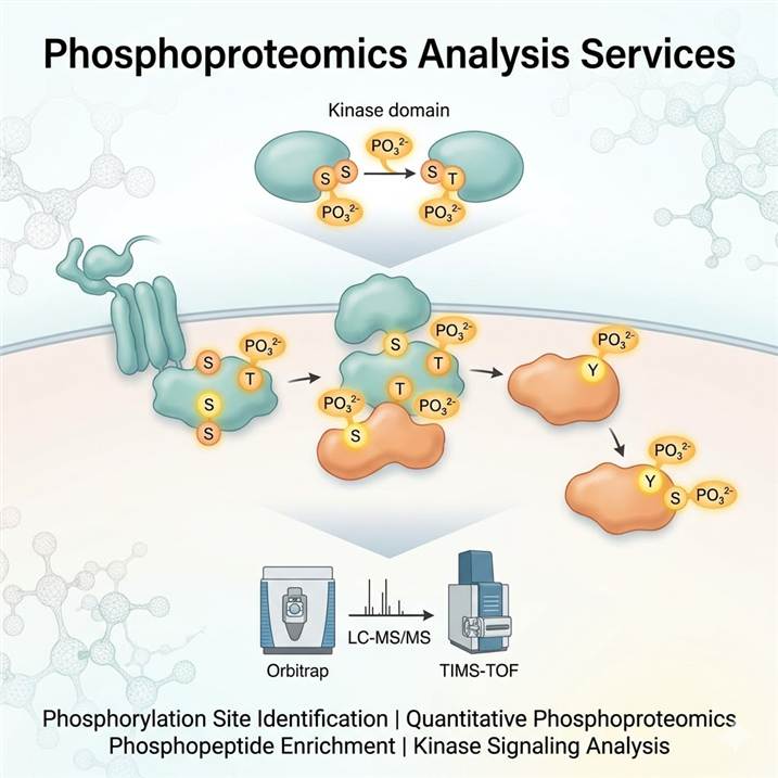 Scientific illustration of comprehensive phosphoproteomics analysis concept showing a kinase signaling cascade with phosphorylation sites highlighted on multiple proteins, mass spectrometry fragmentation schematics indicating phosphopeptide identification and site localization, with bioinformatics pathway annotation including kinase-substrate networks.