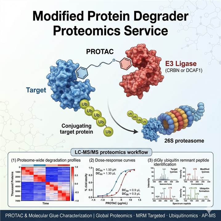 Scientific illustration of targeted protein degradation proteomics showing a PROTAC molecule bridging a target protein and E3 ubiquitin ligase, ubiquitin chain formation, proteasomal degradation, and LC-MS/MS proteomics workflow for degradation profiling with quantitative proteome readouts.