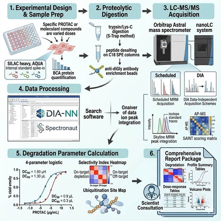 Six-step modified protein degrader proteomics workflow diagram showing the complete pipeline from experimental design and sample preparation through proteolytic digestion, LC-MS/MS acquisition, data processing, degradation parameter calculation, to integrated reporting and biological interpretation.