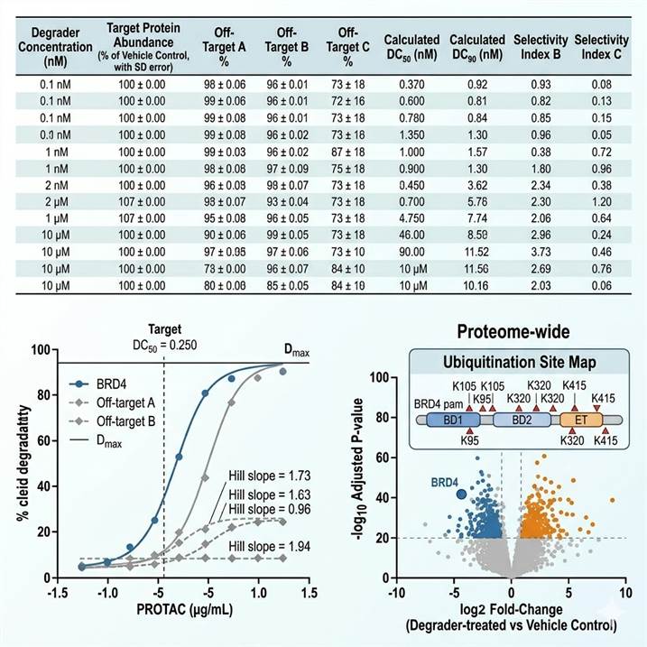 Representative protein degrader proteomics data outputs in a three-panel layout: left panel shows a dose-response degradation table with degrader concentration, target protein abundance (% remaining), off-target protein abundance, DC50/DC90 values, and selectivity index; center panel shows dose-response curves with 4PL regression for target and off-target proteins; right panel shows a proteome-wide selectivity volcano plot and ubiquitination site map with E3 ligase dependency confirmation.