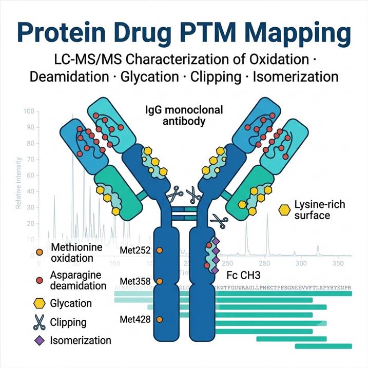 Monoclonal antibody structure with five PTM hotspots labeled: oxidation (Met), deamidation (Asn), glycation (Lys), clipping (hinge), and isomerization (Asp).