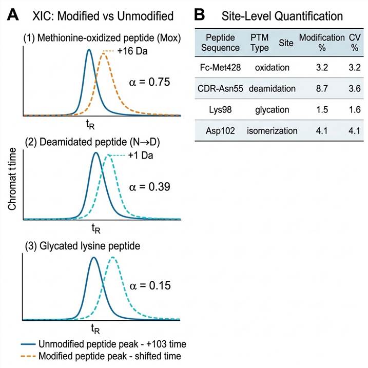 Overlaid extracted ion chromatograms showing oxidized, deamidated, and native peptide forms with percent modification annotated, paired with a PTM quantification results table.