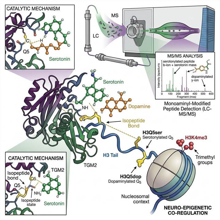 Scientific illustration of protein monoaminylation concept showing a transglutaminase 2 (TGM2) enzyme catalyzing the covalent attachment of serotonin and dopamine molecules to glutamine residues on a histone protein, with the modified histone structure indicating epigenetic regulation and downstream effects on chromatin and gene expression.